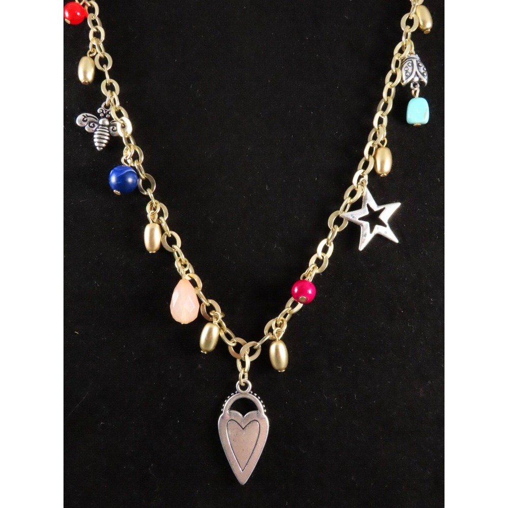 CHICO'S NECKLACE Matte Gold Chain BEADS STAR BEE DANGLES Heart Pendant LADYBUG